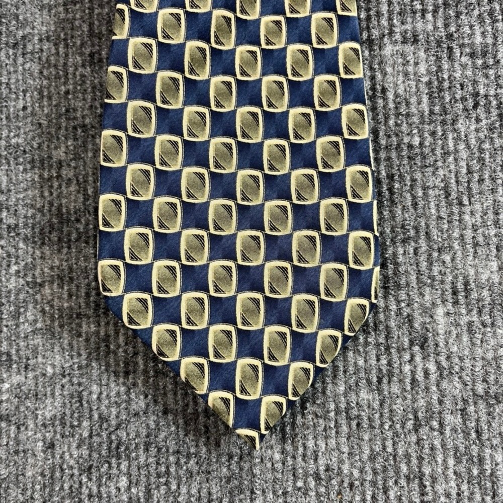 Salvatore Pellegrino Silk Tie Navy Blue Gold Geometric Square Handmade Italy
